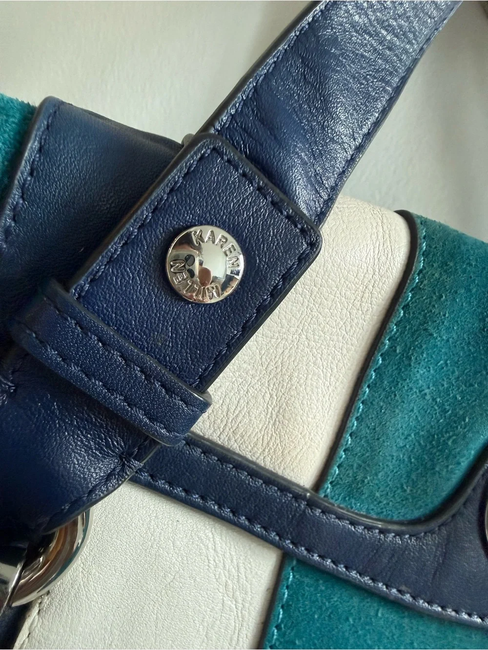 Karen Millen Teal, White & Navy Striped Satchel